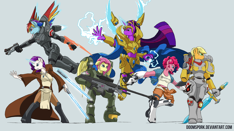 Size: 1920x1080 | Tagged: anthro, aperture science, applejack, armor, artist:doomsp0rk, bolter, chell, derpibooru import, fluttershy, gun, halo (series), high templar, jedi, jedi knight, lightsaber, magic, magic aura, mane six, mass effect, mega crossover, n7 armor, omni-blade, omni-tool, pinkie pie, portal (valve), power armor, powered exoskeleton, power sword, protoss, rainbow dash, rarity, safe, space marine, spartan armor, starcraft, star wars, telekinesis, twilight sparkle, warhammer 40k, warhammer (game), weapon