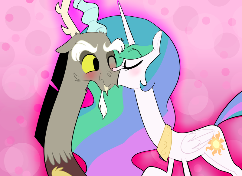 Size: 1024x745 | Tagged: safe, artist:chandelurres, derpibooru import, discord, princess celestia, blushing, dislestia, female, kiss on the cheek, kissing, male, shipping, straight