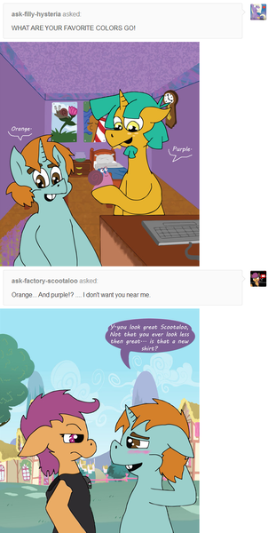 Size: 672x1337 | Tagged: safe, artist:apartment2bmod, derpibooru import, scootaloo, snails, snips, pony, snail, unicorn, ask adult snips and snails, ask, beard, bed, clothes, comic, factory scootaloo, female, keyboard, male, mare, older, older scootaloo, older snails, older snips, shirt, stallion, tumblr