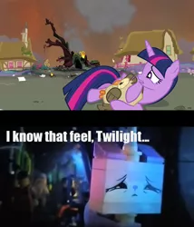 Size: 757x883 | Tagged: safe, derpibooru import, screencap, owlowiscious, twilight sparkle, twilight sparkle (alicorn), alicorn, pony, caption, crossover, female, golden oaks library, i know that feel bro, lego, mare, sad, the lego movie, unikitty