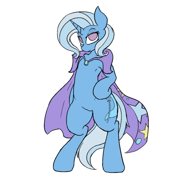 Size: 1280x1280 | Tagged: safe, artist:shirohomura, derpibooru import, trixie, pony, bedroom eyes, bipedal, cape, clothes, looking at you, smiling, solo