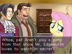 Size: 1024x768 | Tagged: ace attorney, ace attorney investigations, blushing, closet brony, crossover, derpibooru import, dialogue, dick gumshoe, fluttershy, miles edgeworth, safe