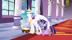 Size: 1365x768 | Tagged: safe, derpibooru import, screencap, princess celestia, twilight sparkle, alicorn, pony, unicorn, the crystal empire, duo, ethereal mane, fake celestia, female, mare, pillar, unicorn twilight