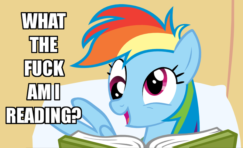 Size: 880x538 | Tagged: book, derp, derpibooru import, edit, edited screencap, image macro, meme, rainbow dash, reaction image, reading, read it and weep, safe, screencap, solo, vulgar, what the fuck am i reading