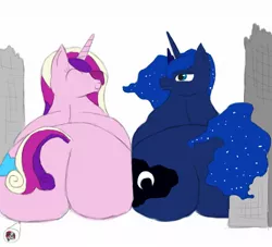 Size: 1100x1000 | Tagged: artist:facade, building, crushing, derpibooru import, destruction, fat, impossibly large butt, lovebutt, macro, micro, moonbutt, oc, oc:facade, plot, plot pair, princess cadance, princess decadence, princess luna, princess moonpig, suggestive, the ass was fat