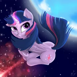 Size: 2400x2400 | Tagged: safe, artist:captainpudgemuffin, derpibooru import, twilight sparkle, twilight sparkle (alicorn), alicorn, pony, cute, female, fluffy, frown, glare, glowing horn, looking at you, magic, mare, nose wrinkle, solo, space, stars, underhoof