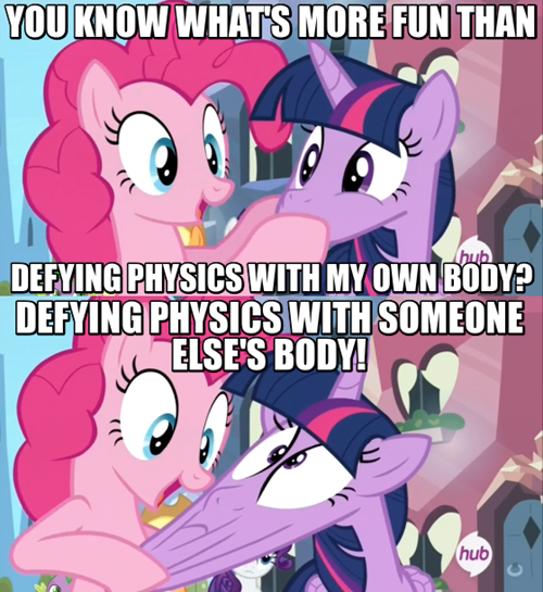 Size: 500x545 | Tagged: safe, derpibooru import, screencap, pinkie pie, twilight sparkle, twilight sparkle (alicorn), alicorn, pony, cartoon physics, comic, crystal empire, female, hub logo, image macro, mare, meme, not salmon, pinkie being pinkie, pinkie physics, stretch, wat, why the long face