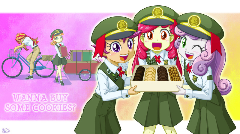 Size: 1249x700 | Tagged: safe, artist:uotapo, derpibooru import, edit, apple bloom, scootaloo, sunset shimmer, sweetie belle, tag-a-long, equestria girls, adorabloom, bicycle, blushing, charity, clothes, cookie, cute, cutealoo, cutie mark crusaders, diasweetes, equestria girls-ified, female, filly guides, filly scouts, girl scout, girl scout uniform, girl scouts, hat, looking at you, one eye closed, open mouth, samoas, scout uniform, skirt, sunset helper, thin mint, uotapo is trying to murder us, weapons-grade cute, wink