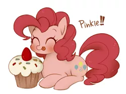 Size: 931x696 | Tagged: safe, artist:umeguru, derpibooru import, pinkie pie, :p, cupcake, cute, diapinkes, eyes closed, solo, tongue out