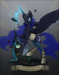 Size: 1591x1998 | Tagged: suggestive, artist:ecmajor, derpibooru import, nightmare moon, queen chrysalis, alicorn, pony, bdsm, bondage, boots, brushie, caption, chrysmoon, clothed ponies, clothes, collar, corset, dock, female, floppy ears, garter belt, garters, grin, hairbrush, heart, hoof hold, horn ring, leash, lesbian, lingerie, looking up, magic, magic suppression, mare, non-consensual brushing, paint it black, pictogram, piercing, raised hoof, rhyme, rope, shipping, side, smiling, smirk, song reference, spread wings, standing, stockings, subalis, telekinesis, the rolling stones