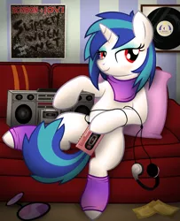 Size: 3039x3736 | Tagged: safe, artist:icaron, derpibooru import, vinyl scratch, pony, unicorn, bedroom eyes, boombox, female, headphones, leg warmers, mare, red eyes, show accurate, solo, stereo, strategically covered, walkman