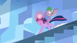 Size: 1365x768 | Tagged: safe, derpibooru import, screencap, spike, twilight sparkle, the crystal empire, butt touch, gravity spell, hand on butt, stairs