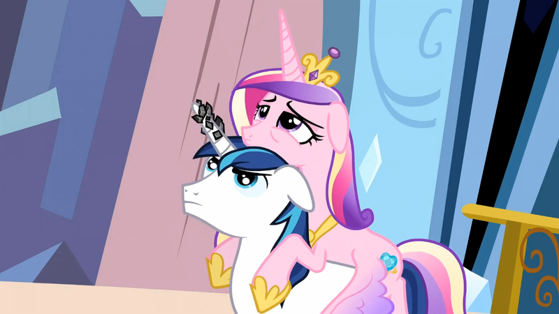 Size: 1365x768 | Tagged: derpibooru import, female, horn, horn crystals, looking up, magic suppression, male, ponies riding ponies, princess cadance, safe, screencap, shining armor, shiningcadance, shipping, straight, the crystal empire