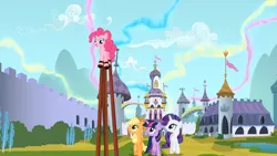 Size: 1365x768 | Tagged: applejack, derpibooru import, frown, looking up, open mouth, pinkie pie, raised hoof, rarity, safe, screencap, smiling, stilts, the crystal empire, twilight sparkle