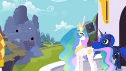 Size: 1365x768 | Tagged: safe, derpibooru import, screencap, princess celestia, princess luna, alicorn, pony, season 3, the crystal empire, crown, duo, ethereal mane, female, glowing horn, jewelry, mare, mountain, mysterious book, notebook, railroad, regalia, royal sisters, sisters, smiling, starry mane, starswirl's book, wings