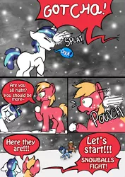 Size: 1650x2330 | Tagged: safe, artist:selyte, derpibooru import, big macintosh, blues, meadow song, noteworthy, shining armor, earth pony, pony, colt, comic, male, snow, snowball, snowball fight, snowfall, stallion, younger