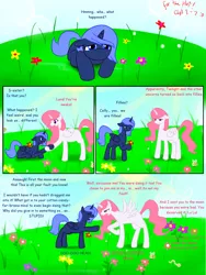 Size: 1024x1365 | Tagged: artist:for-the-plot, artist:livinlovindude, blank flank, comic, derpibooru import, filly, flower, for the plot, princess celestia, princess luna, safe