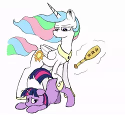 Size: 741x682 | Tagged: artist:blankhal, bent over, colored, derpibooru import, face down ass up, floppy ears, frown, imminent spanking, magic, paddle, princess celestia, punishment, sad, safe, spanking, stern, telekinesis, twilight sparkle