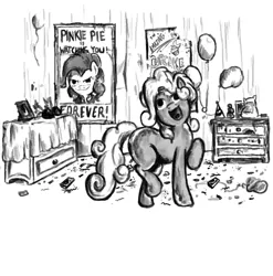 Size: 986x1000 | Tagged: safe, artist:masterjosh140, derpibooru import, pinkie pie, oc, oc:silver bell, earth pony, pony, fallout equestria, fanfic, balloon, black and white, broken horn, fanfic art, female, filly, forever, grayscale, hooves, horn, looking at you, mare, ministry mares, ministry of morale, monochrome, pinkie pie is watching you, poster, propaganda, smiling, solo, text