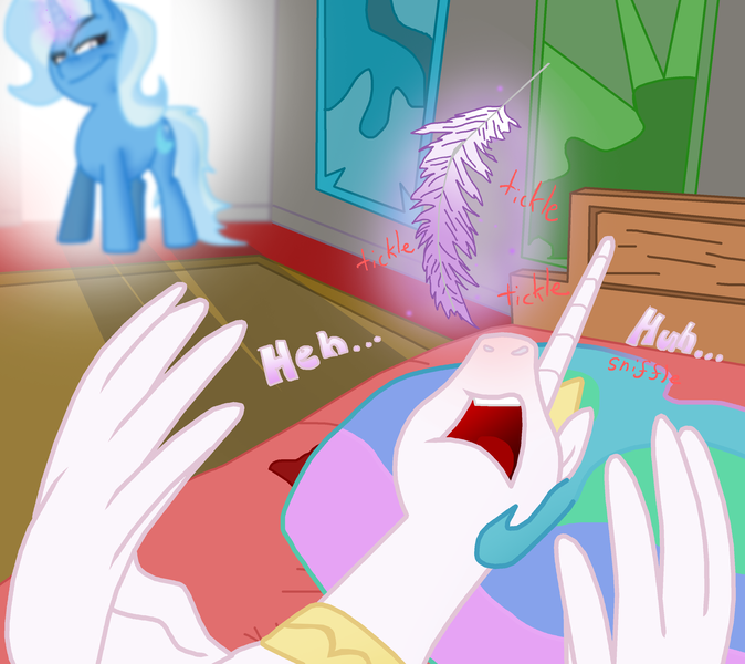 Size: 3124x2780 | Tagged: artist:masterxtreme, feather, fetish, nostrils, pre sneeze, princess celestia, red nosed, safe, sneezing, sneezing fetish, tickling, trixie