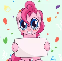 Size: 892x880 | Tagged: artist:a6p, blushing, derpibooru import, exploitable, grin, hoof hold, looking at you, pinkie pie, safe, sign, sitting, smiling, solo, template