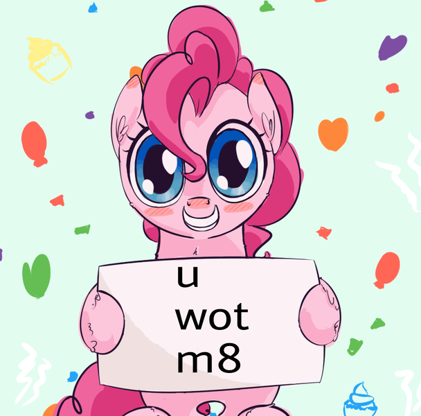 Size: 892x880 | Tagged: artist:a6p, blushing, grin, hoof hold, looking at you, meme, pinkie pie, safe, sign, sitting, smiling, solo, u wot m8