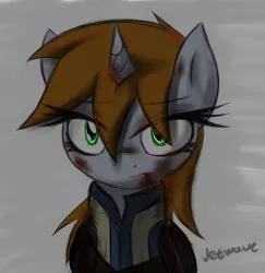 Size: 6516x6691 | Tagged: semi-grimdark, artist:jetwave, derpibooru import, oc, oc:littlepip, unofficial characters only, pony, unicorn, fallout equestria, fanfic, abstract background, absurd resolution, blood, bruised, clothes, dirty, fanfic art, female, frown, glare, horn, looking at you, mare, nose wrinkle, portrait, solo, vault suit