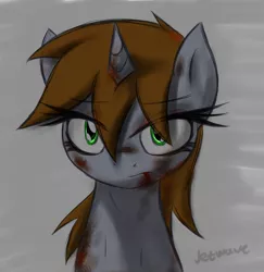 Size: 6516x6691 | Tagged: semi-grimdark, artist:jetwave, derpibooru import, oc, oc:littlepip, unofficial characters only, pony, unicorn, fallout equestria, fanfic, abstract background, absurd resolution, blood, bruised, dirty, fanfic art, female, frown, glare, horn, looking at you, mare, nose wrinkle, portrait, solo