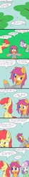 Size: 800x4855 | Tagged: safe, artist:jake heritagu, derpibooru import, apple bloom, scootaloo, sweetie belle, pony, comic:ask motherly scootaloo, clothes, comic, cutie mark crusaders, grass field, hairpin, motherly scootaloo, older, sweatshirt, teenager, tumblr