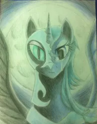 Size: 1903x2442 | Tagged: safe, artist:esnnoirlyltoc, derpibooru import, nightmare moon, princess luna, alicorn, pony, armor, bust, crying, dual persona, duality, female, helmet, mare, moon, peytral, portrait, solo, spread wings, traditional art, wings