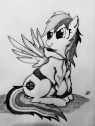 Size: 774x1032 | Tagged: artist:corvostawr, clothes, daring do, derpibooru import, hoodie, monochrome, safe, solo