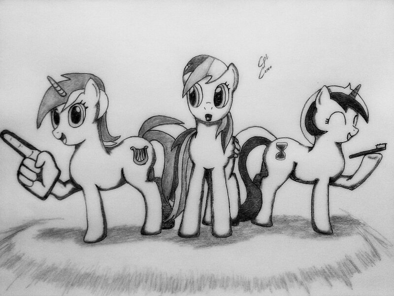 Size: 1024x768 | Tagged: artist:corvostawr, derpibooru import, foam finger, group, lyra heartstrings, minuette, monochrome, rainbow dash, safe, toothbrush