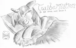 Size: 2045x1312 | Tagged: safe, artist:bhiggo, derpibooru import, twilight sparkle, pony, blanket, cute, eyes closed, floppy ears, fluffy, hibernation, monochrome, pillow, pun, side, sleeping, smiling, solo, twibernation