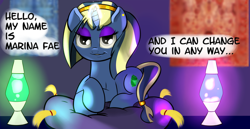 Size: 3940x2045 | Tagged: safe, artist:cosmonaut, derpibooru import, oc, oc:marina fae, unofficial characters only, pony, unicorn, ask marina fae, carpet, cushion, lava lamp, lava lamp effect, solo, transformation