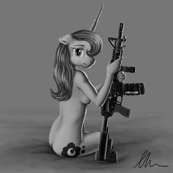 Size: 1100x1100 | Tagged: alicorn, anthro, ar15, artist:selenophile, ass, assault rifle, breasts, female, floppy ears, frown, gun, looking at you, looking back, m4a1, magpul, monochrome, no tail, nudity, picatinny rail, princess luna, questionable, rifle, sideboob, sitting, smiling, solo, solo female, vltor, weapon, wingless, wingless anthro