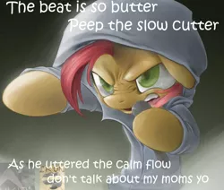 Size: 612x520 | Tagged: safe, derpibooru import, babs seed, earth pony, pony, babs the rapper, clothes, doom, exploitable meme, female, filly, hoodie, image macro, madvillain, meme, mf doom, nose wrinkle, solo