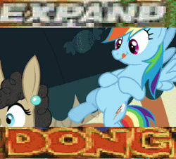 Size: 311x282 | Tagged: animated, anticipation, applejack, derpibooru import, dissonant caption, edit, edited screencap, expand dong, exploitable meme, eyes on the prize, featureless crotch, licking lips, meme, mmmystery on the friendship express, rainbow dash, screencap, smiling, suggestive, text