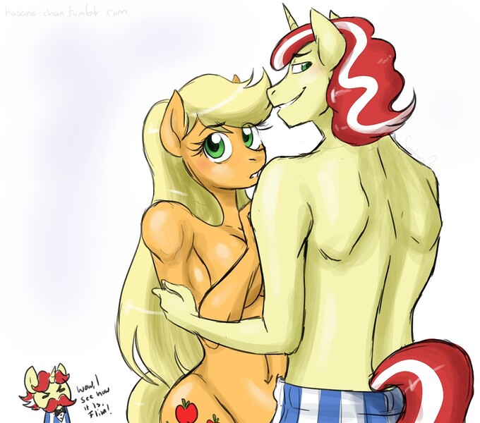 Size: 1280x1129 | Tagged: anthro, applejack, artist:hasana-chan, belly button, blushing, boxers, breasts, busty applejack, clothes, derpibooru import, female, flam, flim, flim flam brothers, flimjack, grin, hug, looking at you, looking back, male, nudity, shipping, smiling, straight, strategically covered, suggestive, teasing, topless, underwear