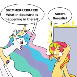 Size: 951x953 | Tagged: safe, artist:meepymaybelle, derpibooru import, princess celestia, sunset shimmer, alicorn, pony, unicorn, 22 short films about springfield, aurora borealis, bad poker face, blatant lies, door, fiery shimmer, fire, simpsons did it, speech bubble, steamed hams, the simpsons