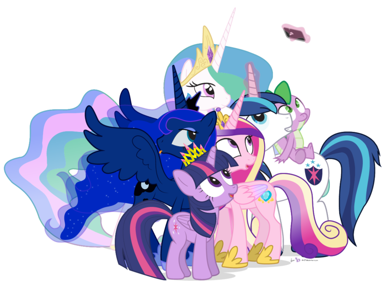 Size: 1200x900 | Tagged: safe, artist:dm29, derpibooru import, princess cadance, princess celestia, princess luna, shining armor, spike, twilight sparkle, twilight sparkle (alicorn), alicorn, pony, alicorn tetrarchy, female, magic, mare, new crown, phone, selfie, simple background, tongue out, transparent background