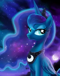 Size: 1550x1950 | Tagged: dead source, safe, artist:feli, derpibooru import, princess luna, pony, bedroom eyes, cute, looking at you, lunabetes, moon, night, pixiv, sitting, sky, smiling, solo, stars