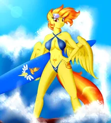 Size: 3300x3648 | Tagged: anthro, artist:bludraconoid, belly button, bellyfire, bellyring, bikini, bocas top, breasts, busty spitfire, clothes, derpibooru import, female, midriff, sling bikini, solo, solo female, spitfire, suggestive, surfboard, swimsuit, tattoo, water