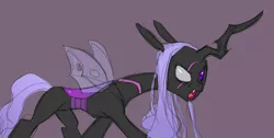 Size: 1052x530 | Tagged: artist:carnifex, blind eye, changeling, changeling oc, changeling queen, changeling queen oc, derpibooru import, eye scar, female, oc, oc:lacera, purple background, purple changeling, safe, scar, simple background, solo, unofficial characters only
