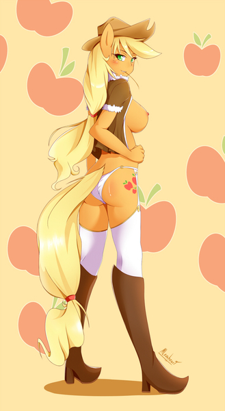 Size: 700x1275 | Tagged: anthro, applejack, artist:mleonheart, ass, blushing, breasts, busty applejack, clothes, cowboy hat, cutie mark, derpibooru import, female, hat, human facial structure, looking back, nipples, nudity, panties, plantigrade anthro, pony coloring, questionable, shadow, sideboob, solo, solo female, underwear, wedgie