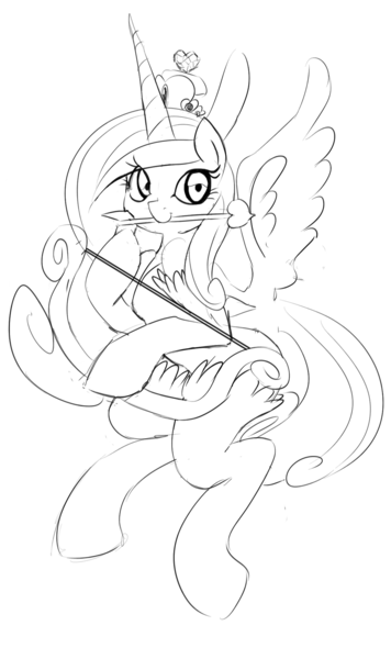 Size: 1138x1920 | Tagged: safe, artist:zev, derpibooru import, princess cadance, pony, arrow, bipedal, bow, cupid, grayscale, monochrome, mouth hold, smiling, solo, spread wings, weapon