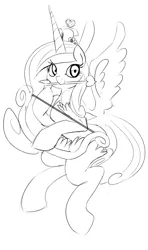 Size: 1138x1920 | Tagged: safe, artist:zev, derpibooru import, princess cadance, pony, arrow, bipedal, bow, cupid, grayscale, monochrome, mouth hold, smiling, solo, spread wings, weapon