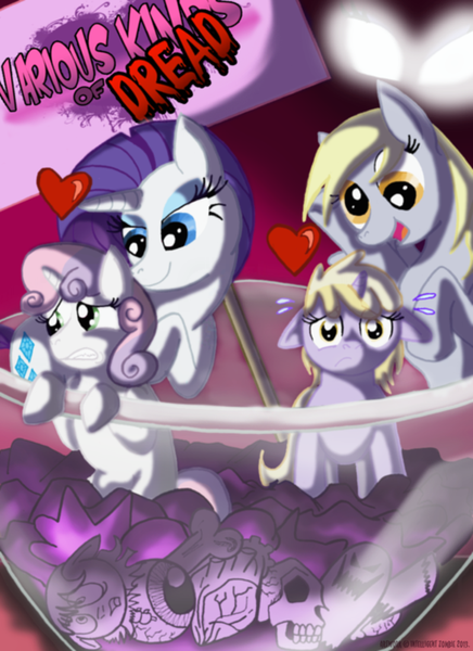 Size: 668x920 | Tagged: safe, artist:intelligent-zombie, derpibooru import, derpy hooves, dinky hooves, rarity, sweetie belle, pegasus, pony, female, mare