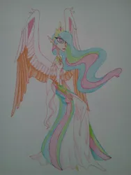 Size: 1536x2048 | Tagged: artist:wolfling12, derpibooru import, human, humanized, princess celestia, safe, solo, traditional art, winged humanization