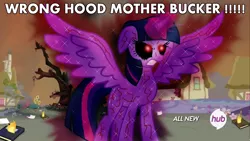 Size: 1280x720 | Tagged: grimdark, derpibooru import, edit, edited screencap, screencap, twilight sparkle, twilight sparkle (alicorn), alicorn, pony, twilight's kingdom, angry, corrupted, creepypasta, dark twilight, dark twilight sparkle, evil twilight, female, fury, hub logo, magic, mare, possessed, rage, solo, super saiyan princess, the hub, twilight vs tirek, wrong neighborhood, zalgo