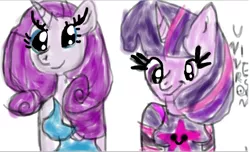 Size: 858x520 | Tagged: safe, artist:universoon, derpibooru import, rarity, twilight sparkle, anthro, clothes, stars